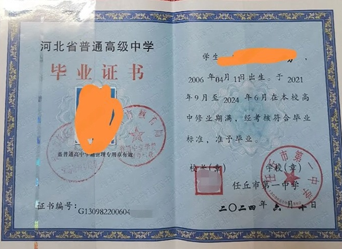 沙坪坝任丘市第一中学高中毕业证样本图片